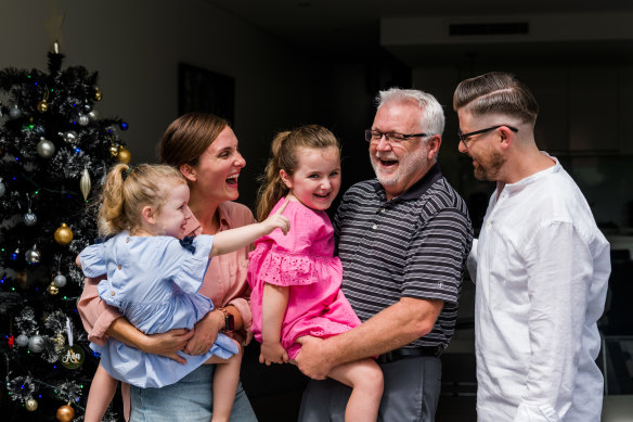 Jack Hackathorn visits his son Greg, Stephanie, Ava, 5, and Raegan, 2, who he had never met.