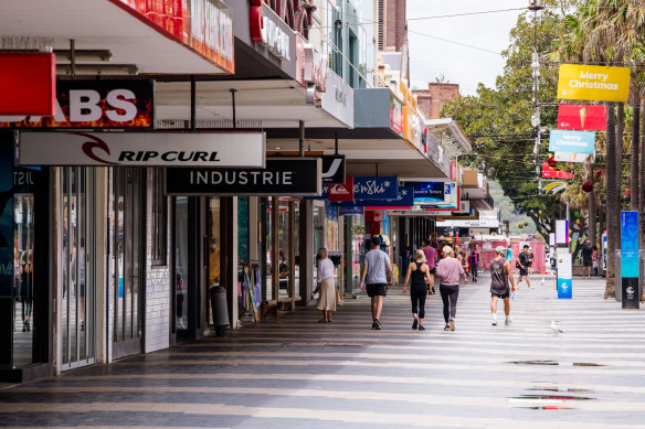 Sydney's normally busy Manly Beach corso on Tuesday, where stay-at-home orders are in place.