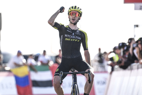 Adam Scott celebrates his win in stage three of the UAE Tour.
