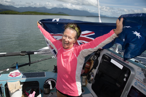 Michelle Lee celebrates her record-breaking journey from Mexico to Port Douglas.