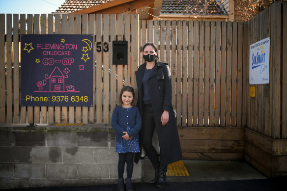 Daniela Kavoukas with her five-year-old daughter Harryo outside Flemington Childcare 