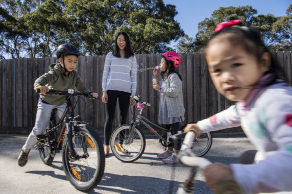 Sarah Du with her children Taylor, Skylar and Riley at their Northmead home.