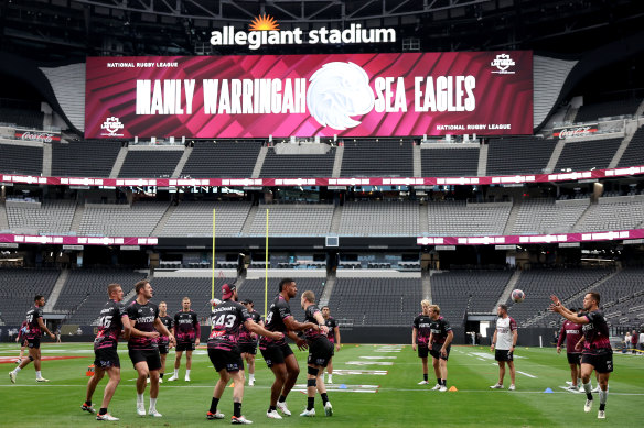 Sea Eagles players have their final hit-out in the captain’s run at Allegiant Stadium.