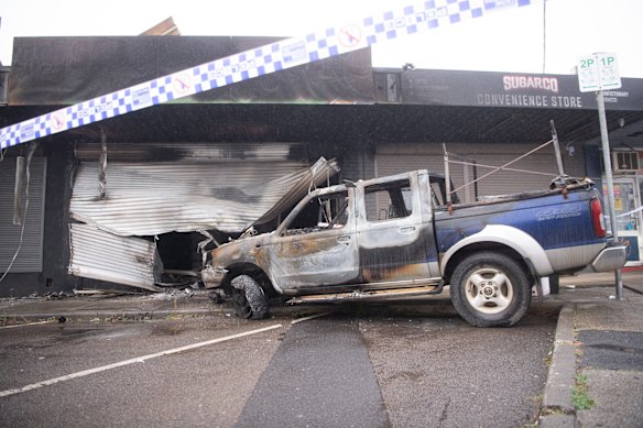 The aftermath of another suspicious fire at a tobacco shop, in Melton South, Melbourne, in May. 
