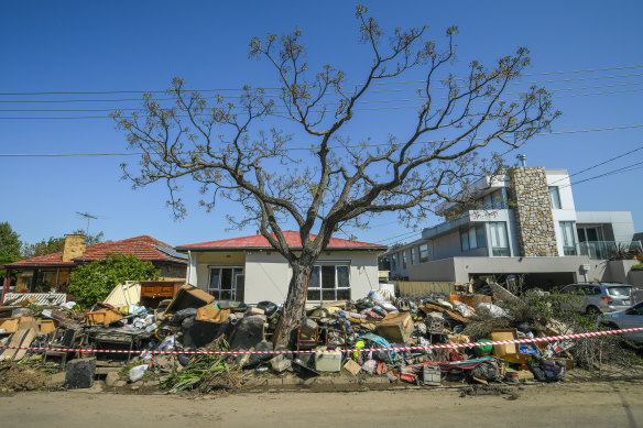 Debris collected during the clean-up after flooding in Maribyrnong last year.