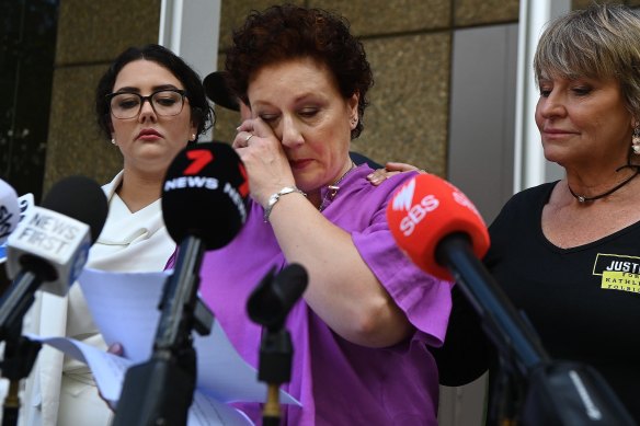 Folbigg outside the Court of Criminal Appeal after the convictions were quashed in 2023, with solicitor Rhanee Rego and close friend Tracy Chapman (right).