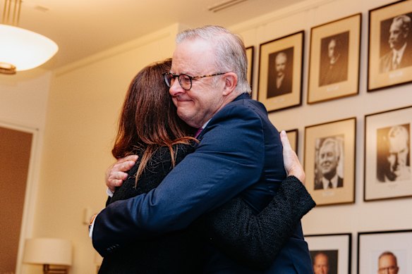 A hug for the new member for Dickson, Ali France, who ousted former opposition leader Peter Dutton.