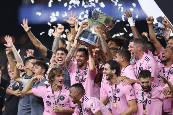 Lionel Messi celebrates Inter Miami’s Leagues Cup win.