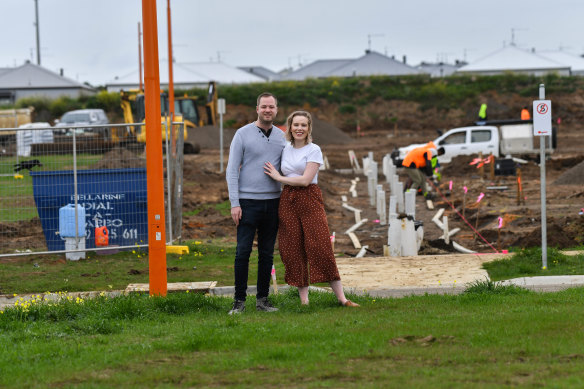 New home buyers Amy Pullen and partner James Cowey at the Mount Duneed estate where they have bought a block of land.