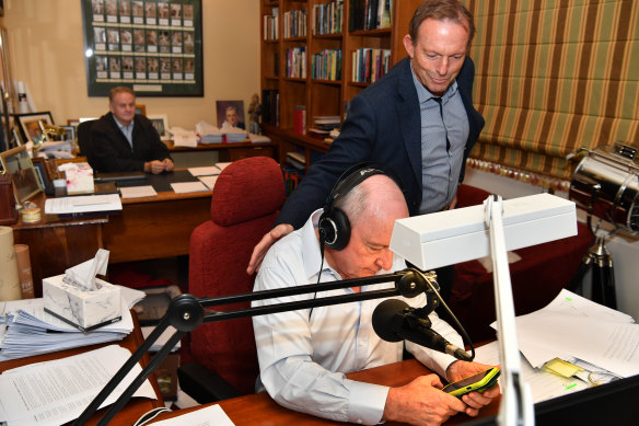 NSW One Nation MP Mark Latham and former prime minister Tony Abbott join broadcaster Alan Jones during his final breakfast show for 2GB from his home at Fitzroy Falls in the Southern Highlands on Friday.