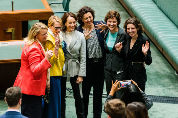 It was all smiles in 2022 for the teals (from left): Kylea Tink, Zoe Daniel, Sophie Scamps, Monique Ryan, Kate Chaney and Allegra Spender.