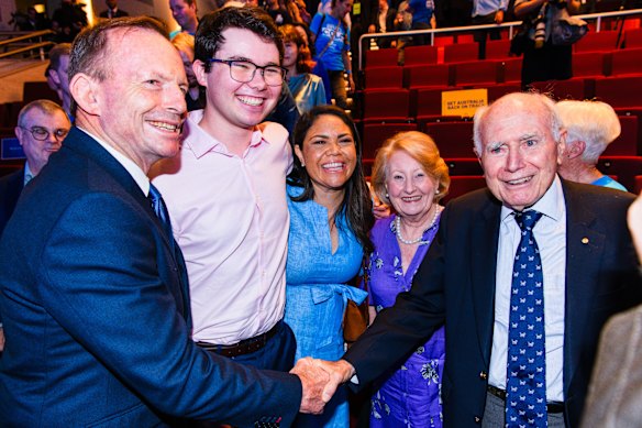 Price (centre) with former PMs Tony Abbott and John Howard at the Liberal Party campaign launch on April 13.