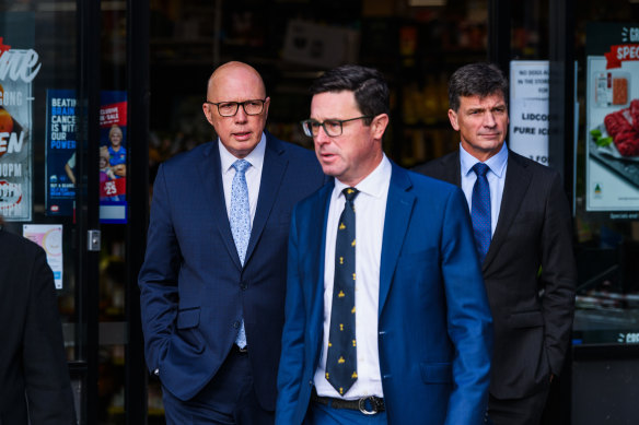 Peter Dutton and Nationals Leader David Littleproud with Angus Taylor.