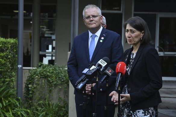 Prime Minister Scott Morrison and then NSW premier Gladys Berejiklian at a press conference in February.