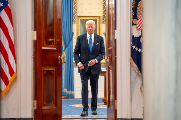 US President Joe Biden arrives for a news conference following the Supreme Court’s ruling on charges against former President Donald Trump that he sought to subvert the 2020 election, at the White House.