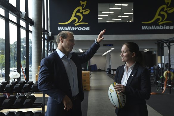 Rugby Australia CEO Phil Waugh (left) with the new Wallaroos head coach Jo Yapp in February.