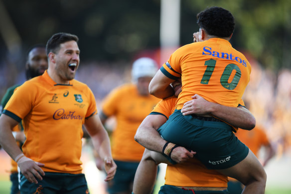 Fraser McReight celebrates his try during the Wallabies’ first-up win over South Africa last week.