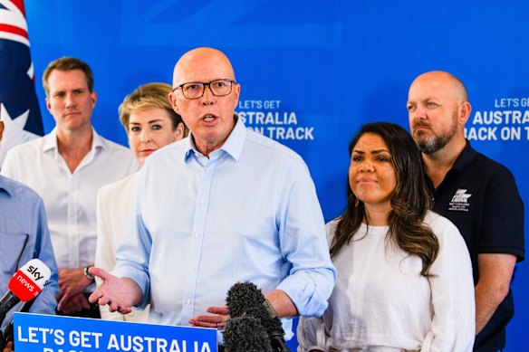 Peter Dutton and Jacinta Nampijinpa Price on the campaign trail earlier this month.