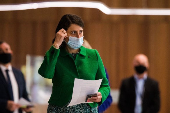 Premier Gladys Berejiklian arrives at the daily health briefing on Friday.