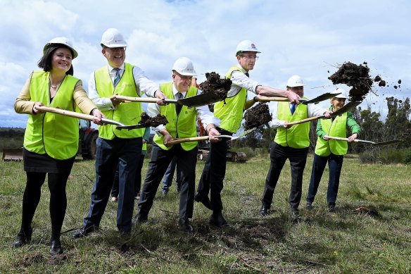 Minister for Western Sydney David Elliott and Premier Dominic Perrottet during the turning the sod ceremony at Bradfield in September.