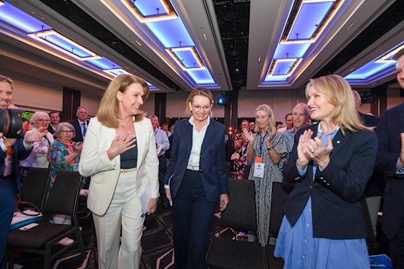 Kellie Sloane and Sussan Ley entering the Grand Ballroom at Sheraton on the Park for the NSW Liberal Council Meeting.
