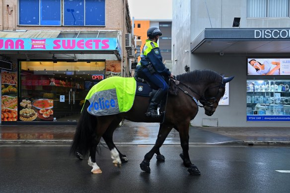 NSW mounted police patrolling the streets of Fairfield during the 2021 Delta lockdown.