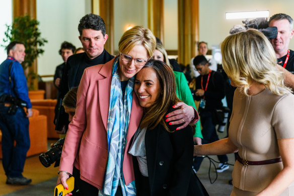 Independent MP Zoe Daniel (left) with Assange’s wife, Stella, and lawyer Jennifer Robinson.