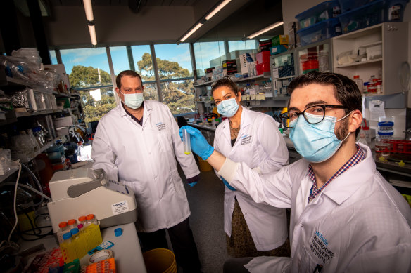 Left to right: Chen Davidovich,Traude Beilharz and Gavin Knott at the Monash University labs.