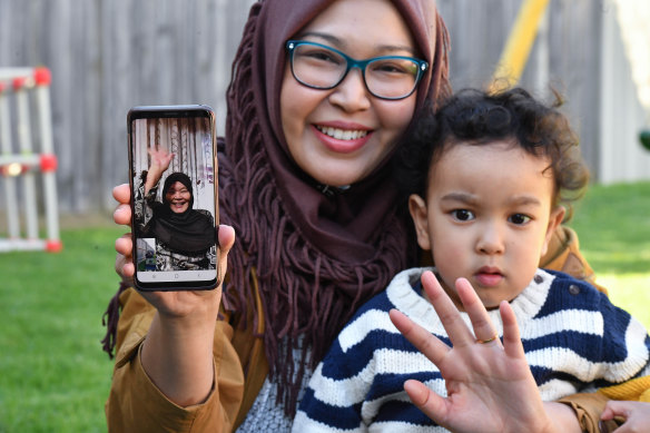 Heathcare worker Ana Nazimuddin and two-year-old Arish speak online with her mother Hadijah for Mother’s Day.