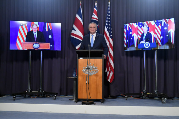Former Prime Minister Scott Morrison at a virtual joint press conference unveiling AUKUS with then British Prime Minister Boris Johnson and US President Joe Biden.