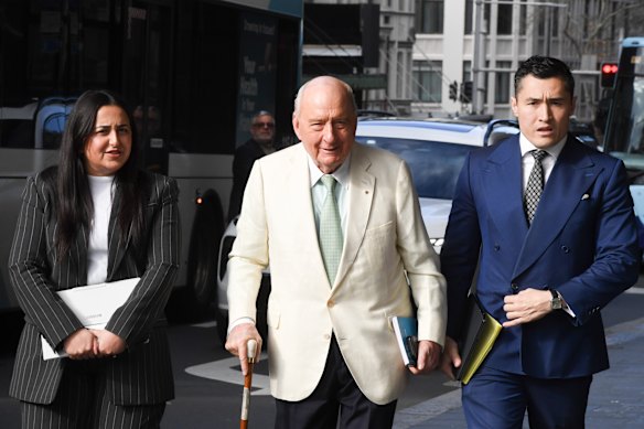 Alan Jones arrives at Downing Centre Local Court on Friday.