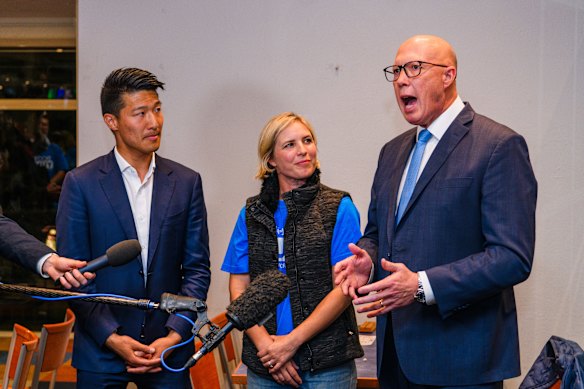 Opposition Leader Peter Dutton at a campaign event for Liberal’s Bennelong candidate Scott Yung, with Senate candidate Jessica Collins.