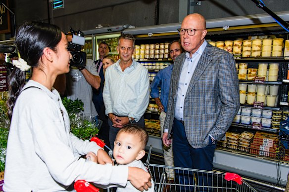 Peter Dutton’s biggest challenge is to win the argument on the cost of living. Pictured here at the Nowra Farmers Market in the electorate of Gilmore, with candidate Andrew Constance.  