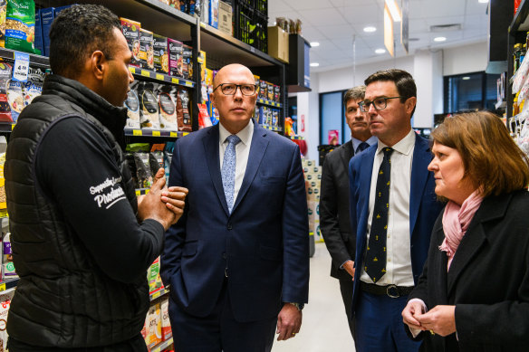 Opposition leader Peter Dutton, Nationals Leader David Littleproud, Liberal member for Hume Angus Taylor and Liberal Candidate for Eden-Monaro Joanne van der Plaat. Jo van der Plaat visiting an IGA supermarket.