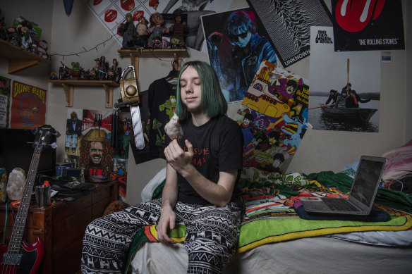 Year 12 Bradfield College student Jarvis Ayres in his bedroom at his Marrickville home.