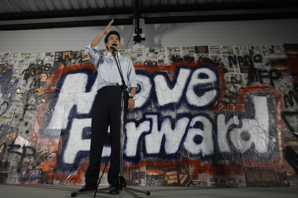 Banned former leader of Move Forward Party, Pita Limjaroenrat, talks to his supporters.