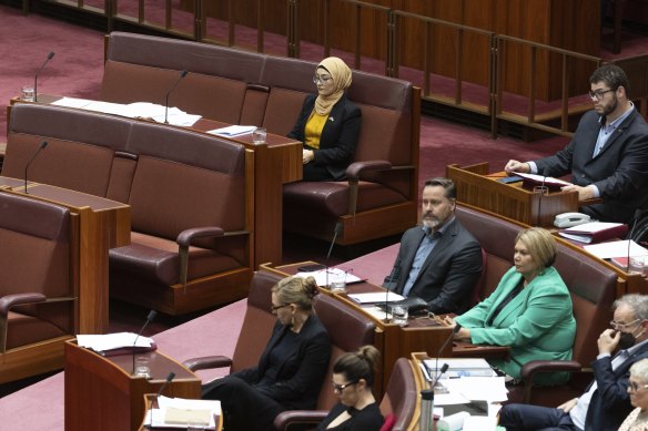 Senator Fatima Payman sits with the crossbench during question time in the Senate on Thursday.