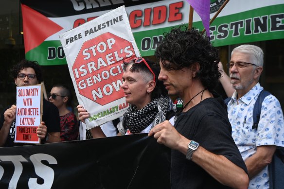 Supporters of Antoinette Lattouf at the Fair Work commission in March, during her hearing against the ABC.