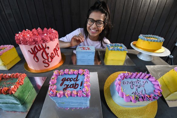 Zahara Valibhoy and her vaccine-themed cakes.