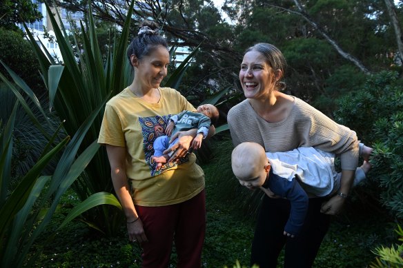 Jessica Santos, with son Kaya, and Katherine, with son Cooper, experienced traumatic births with their first children. They are urging the NSW government to enable women to access continuity of care during their pregnancies and childbirth. 