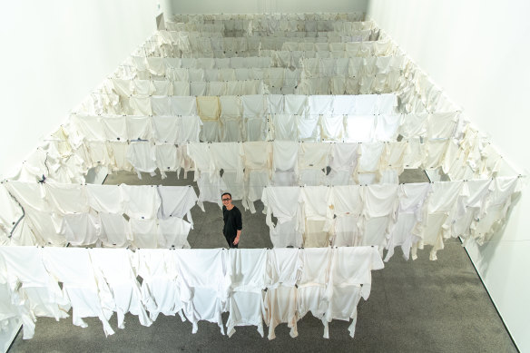 James Nguyen’s white shirts form a chain, “like connectivity between people, between lives”.