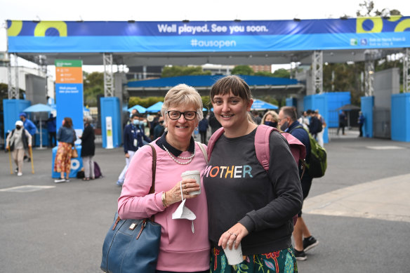 Jill Crompton and her daughter Elizabeth Little at Melbourne Park for the 2021 Australian Open.