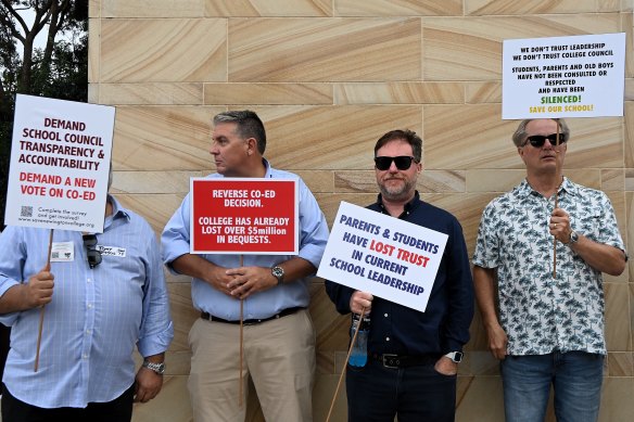 Newington old boys protest outside the college over its move to go co-ed. 