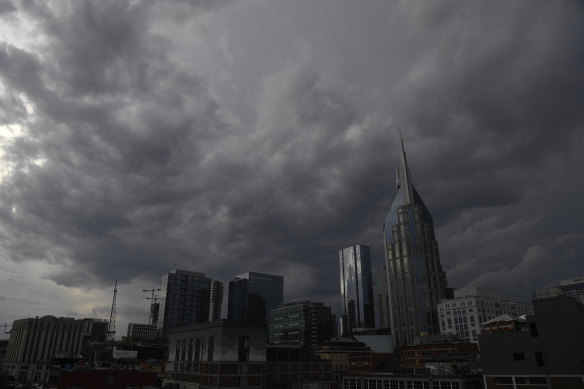 A storm front approaches downtown Nashville, Tennessee on Saturday. 