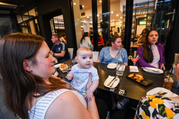 Brand new world: Angie Tiori out with her three-month-old daughter Olivia in Oakleigh’s Eaton Mall.