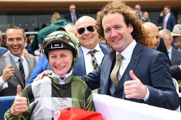 Linda Meech pictured with trainer Ciaron Maher after Thought Of That's Norman Robinson win.