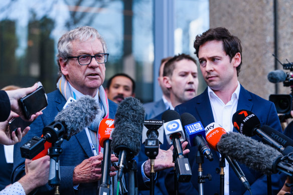 Journalists Chris Masters and Nick McKenzie after the verdict.