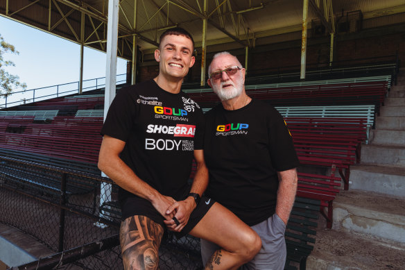 Portrait of Olympic boxer Harry Garside and legendary trainer Johnny Lewis at Erskineville Oval. 