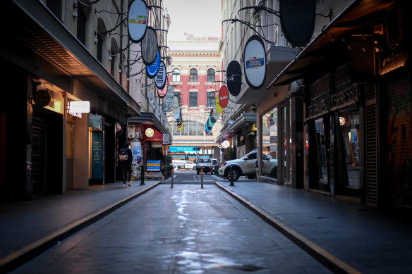 The empty streets of downtown Melbourne on Thursday morning.