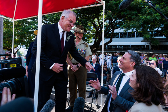 Scott Morrison and Labor’s Richard Marles and Terri Butler at the parade.
